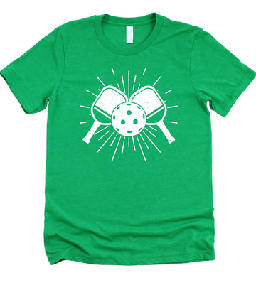 Black trendy pickleball paddle graphic t-shirt with ball design for men and women
