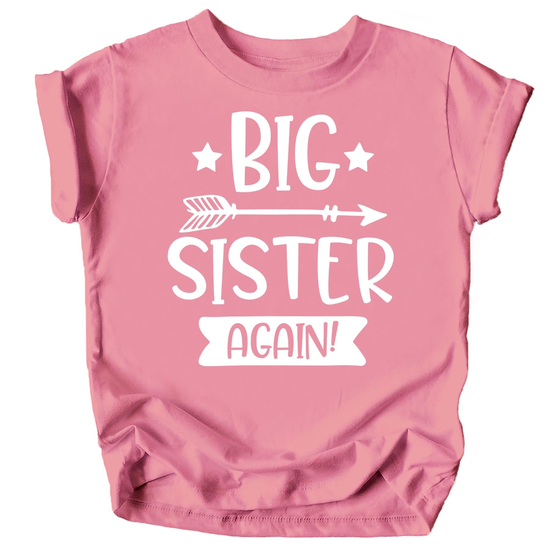Close-up of Big Sister Again arrow print on mauve toddler tee by Olive Loves Apple