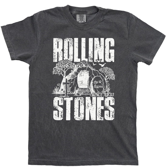 Flat lay of He Is Risen Since AD 33 Easter graphic tee showing full vintage distressed print