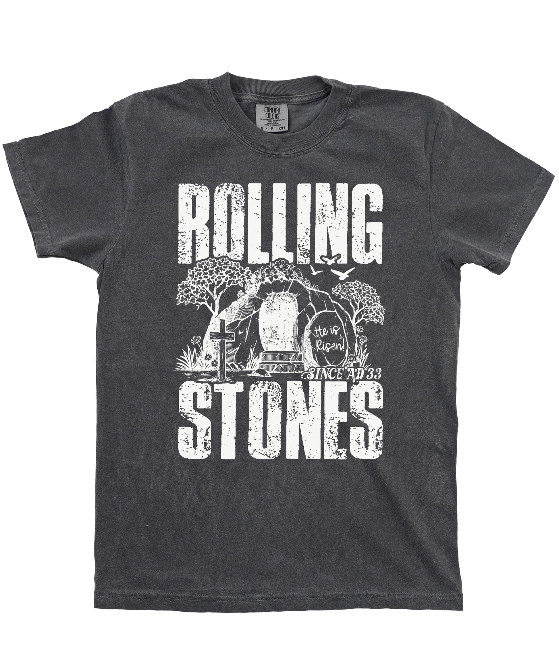 Flat lay of He Is Risen Since AD 33 Easter graphic tee showing full vintage distressed print