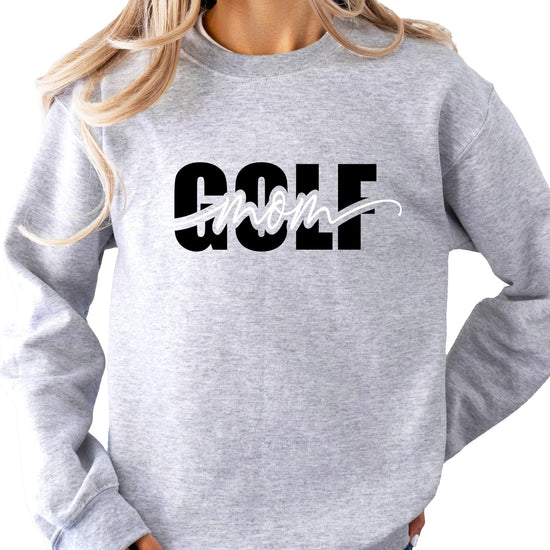 Close-up of girly script golf mom graphic print on gray pullover sweatshirt