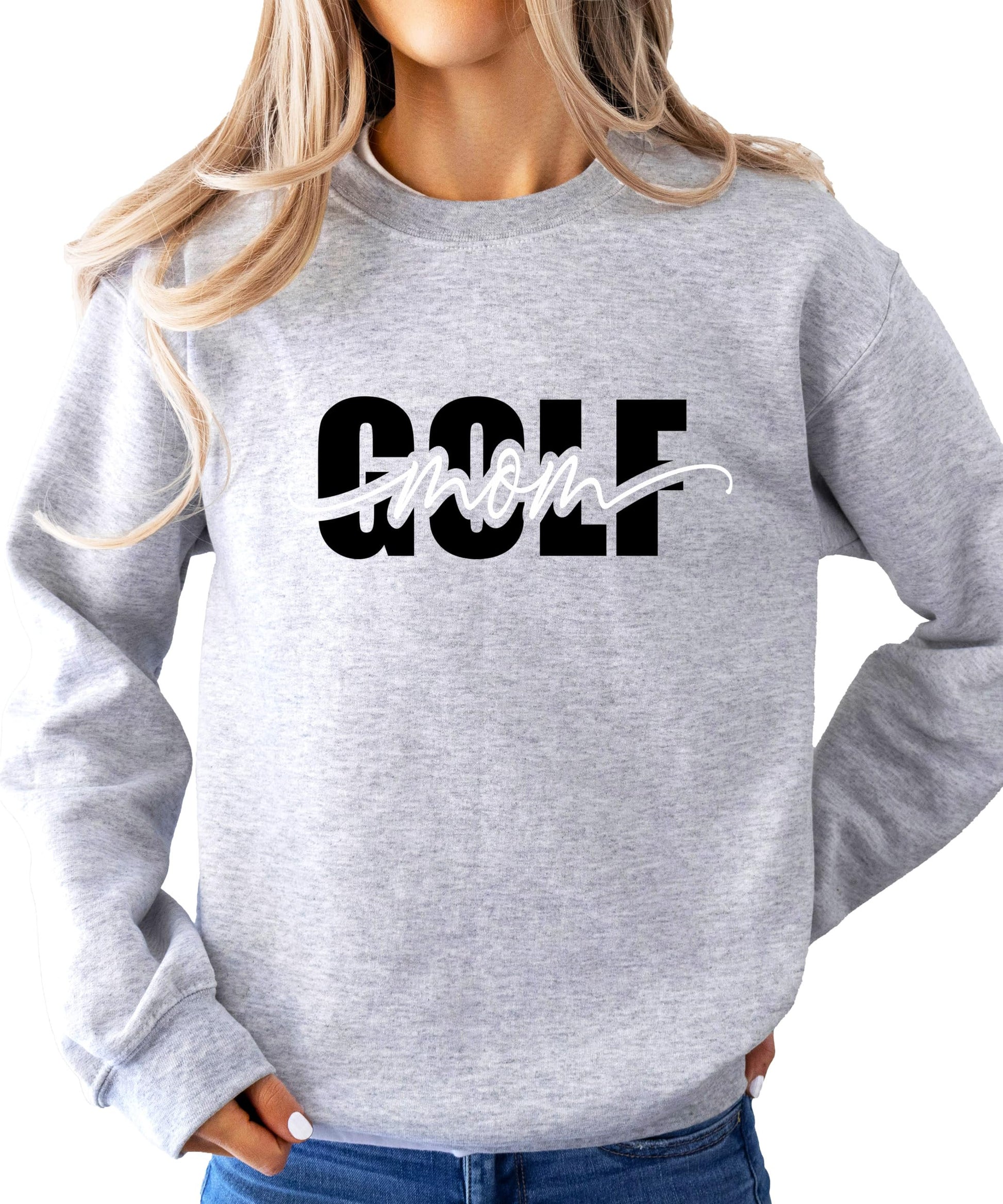 Close-up of girly script golf mom graphic print on gray pullover sweatshirt