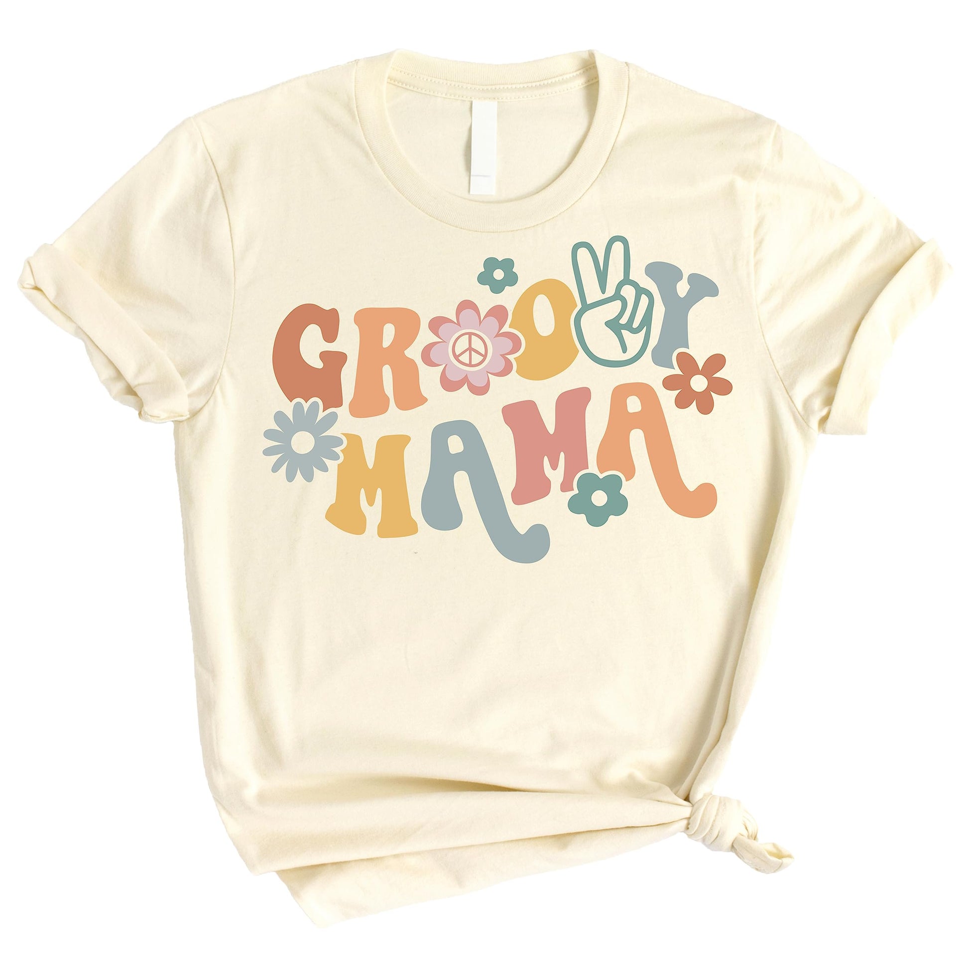 Groovy Mom natural shirt detail shot showing high-quality professional USA-printed graphic
