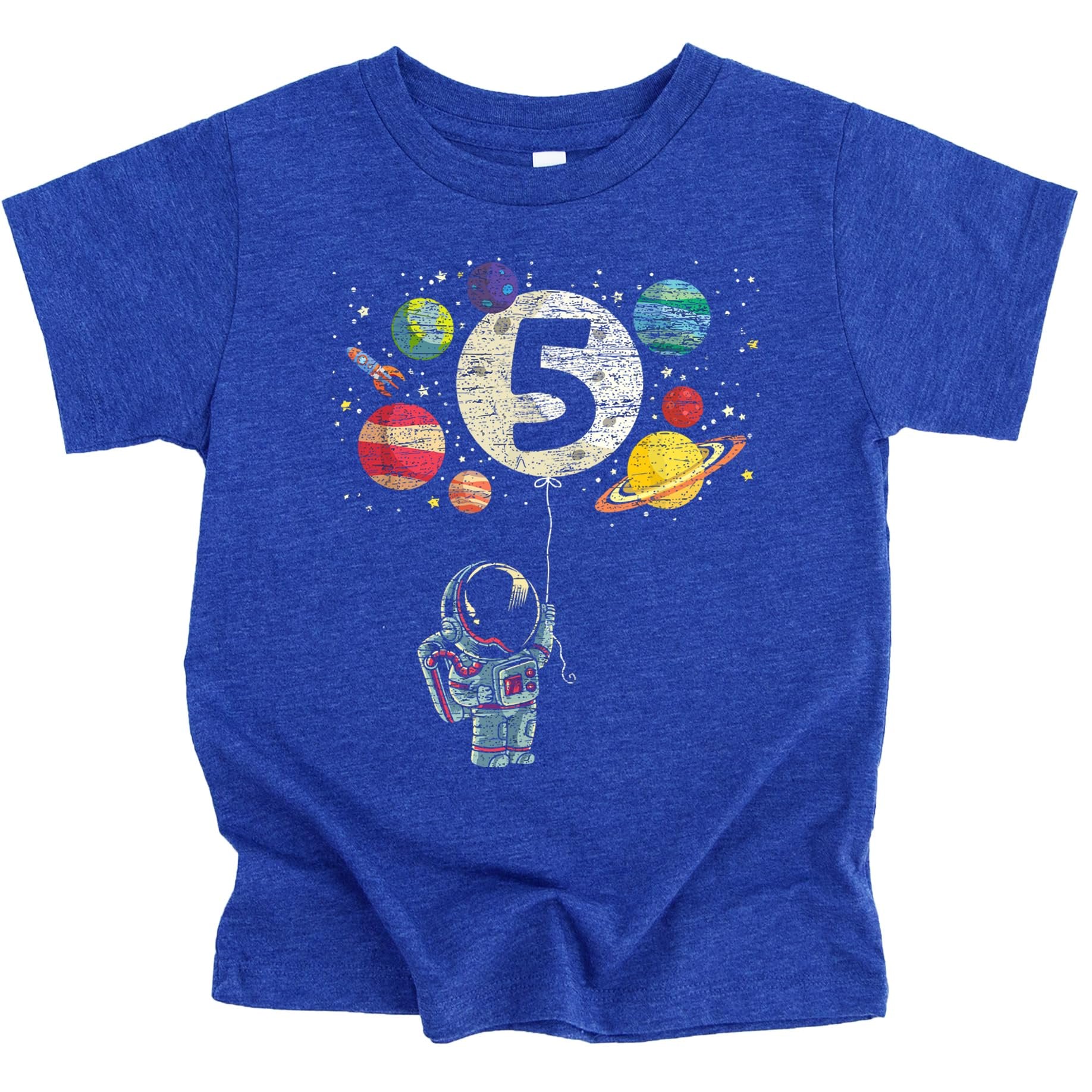 Close-up of 5th birthday astronaut graphic tee print with moon balloon and colorful planets
