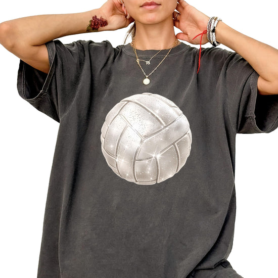Faux glitter volleyball game day tee worn or displayed, showing fit and color detail