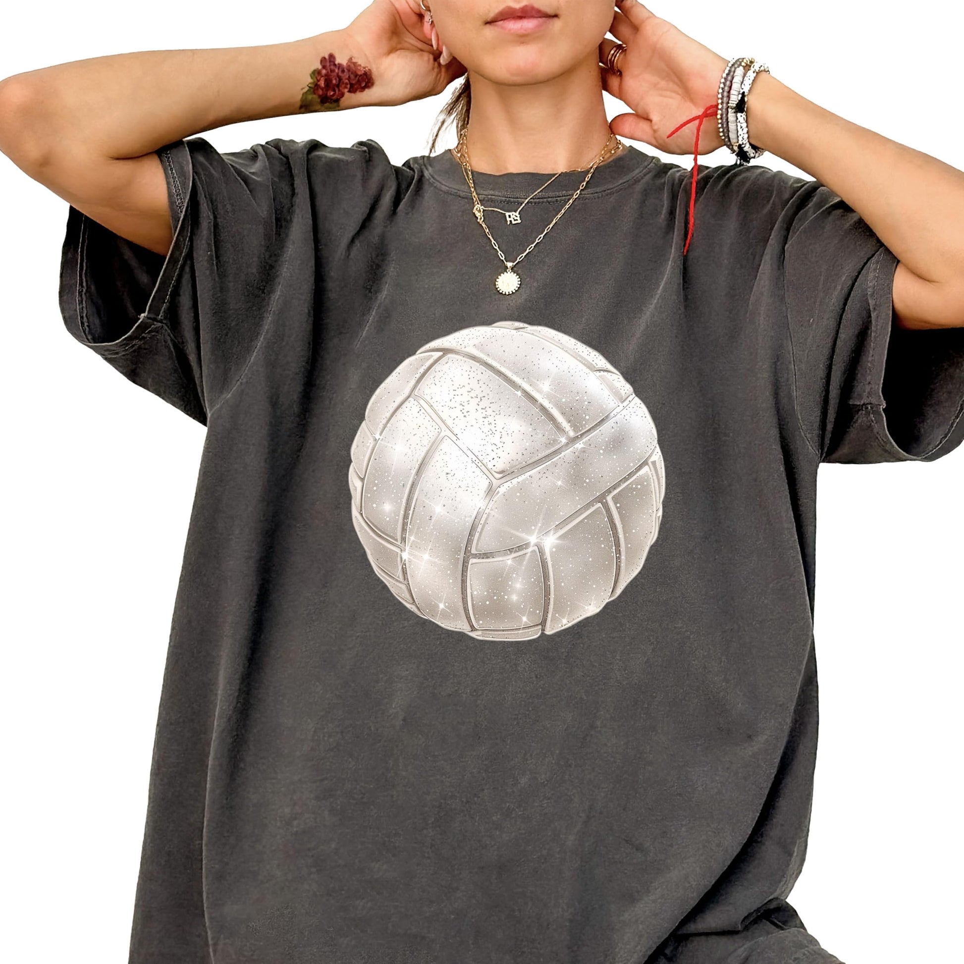 Faux glitter volleyball game day tee worn or displayed, showing fit and color detail