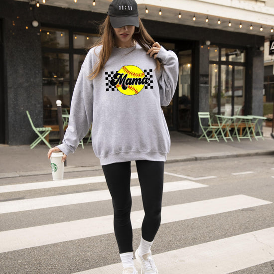 Olive Loves Apple Softball Mama sweatshirt lifestyle photo, casual women's gameday apparel