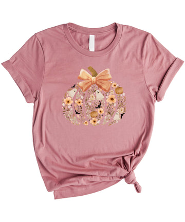 Ghost Floral Pumpkin Shirt For Women, Teens & Kids Cute Fall Halloween T-Shirt With Orange Bow