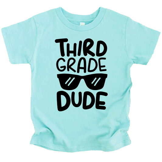 Youth back to school graphic tee for 3rd grade boys with bold sunglasses print, front view