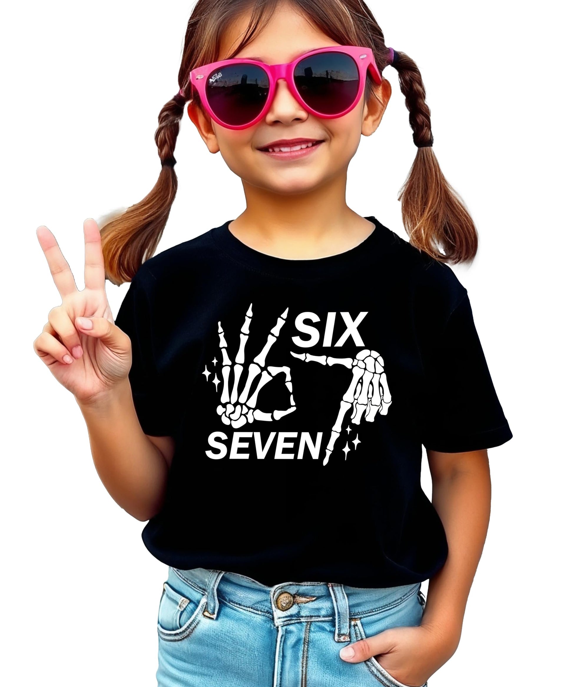 Close-up of six seven skeleton hand Halloween meme print on black shirt showing print quality
