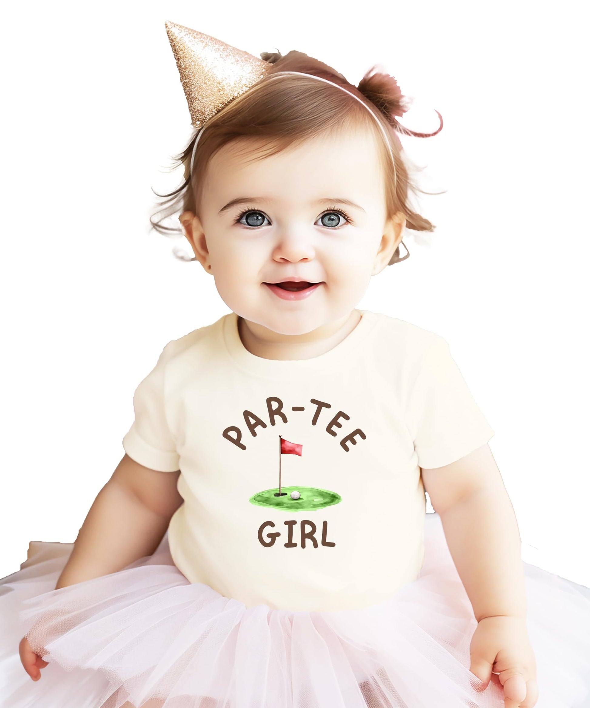 Close-up of Par-Tee Girl golf-themed birthday graphic print on kids natural tee