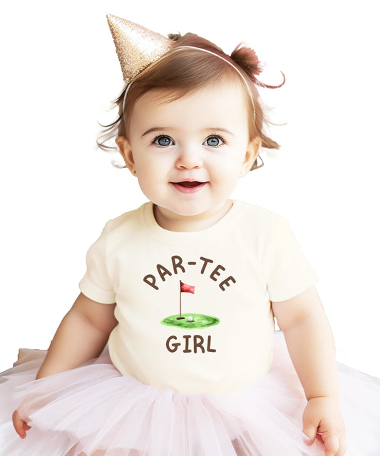 Close-up of Par-Tee Girl golf-themed birthday graphic print on kids natural tee
