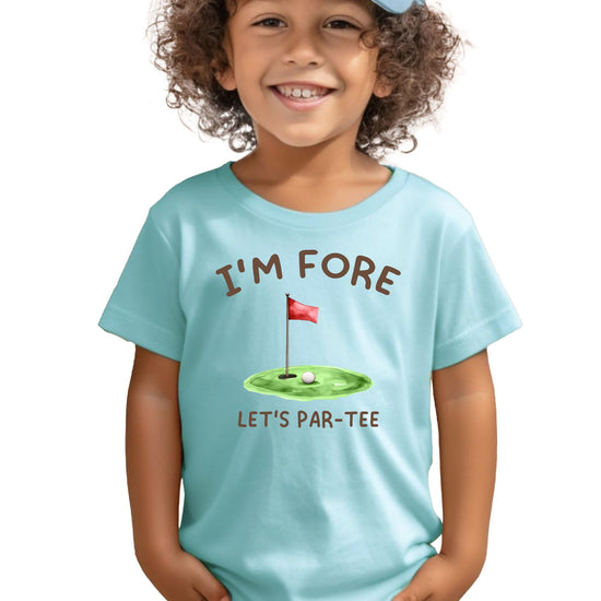Close-up of 'I'm Fore Let's Par Tee' golf birthday graphic on natural kids t-shirt
