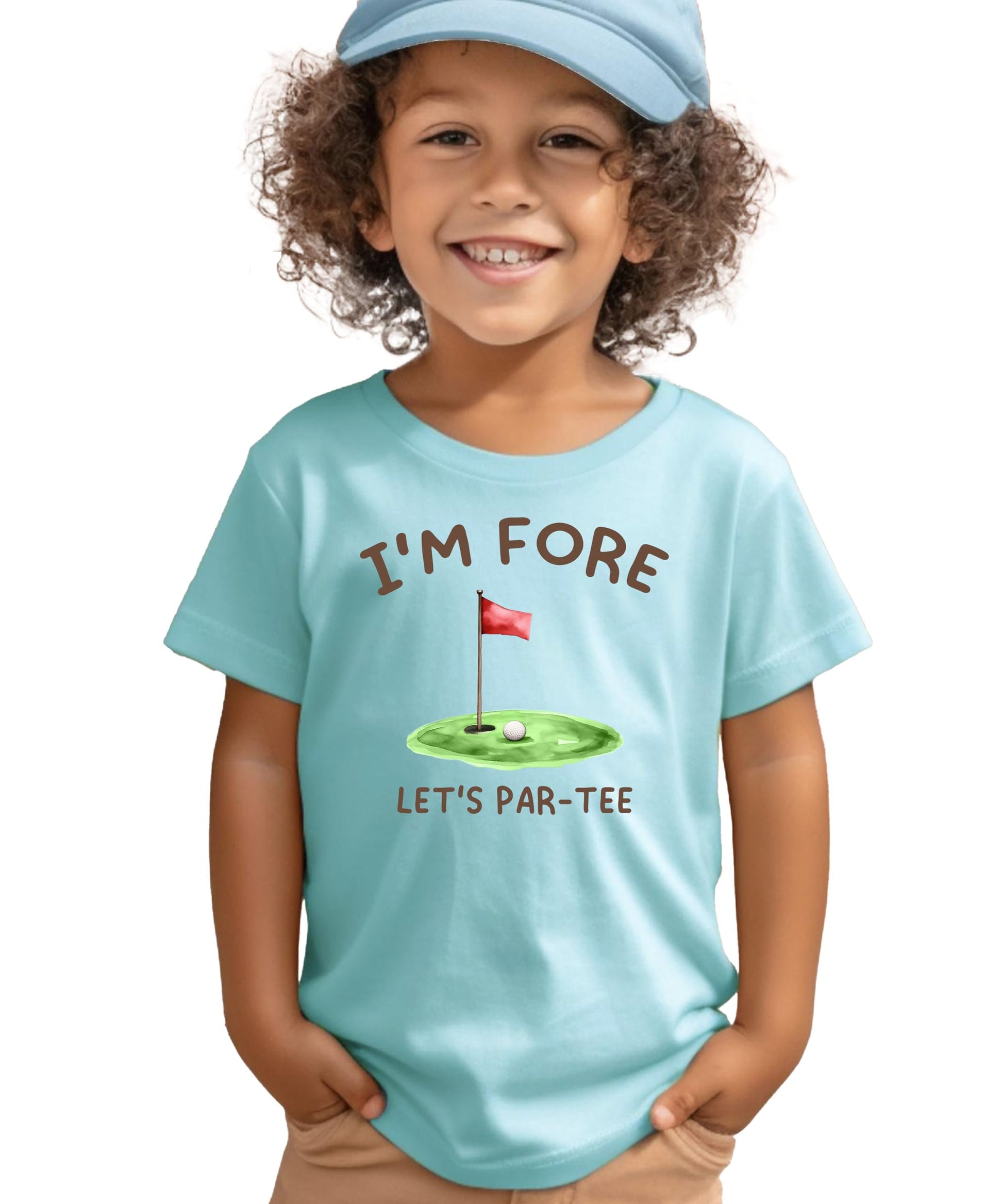 Close-up of 'I'm Fore Let's Par Tee' golf birthday graphic on natural kids t-shirt