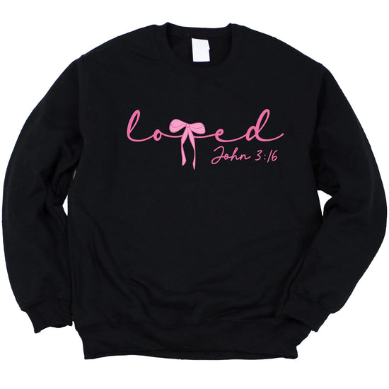 Flat lay of white Loved John 3:16 Valentine's sweatshirt showing full graphic design