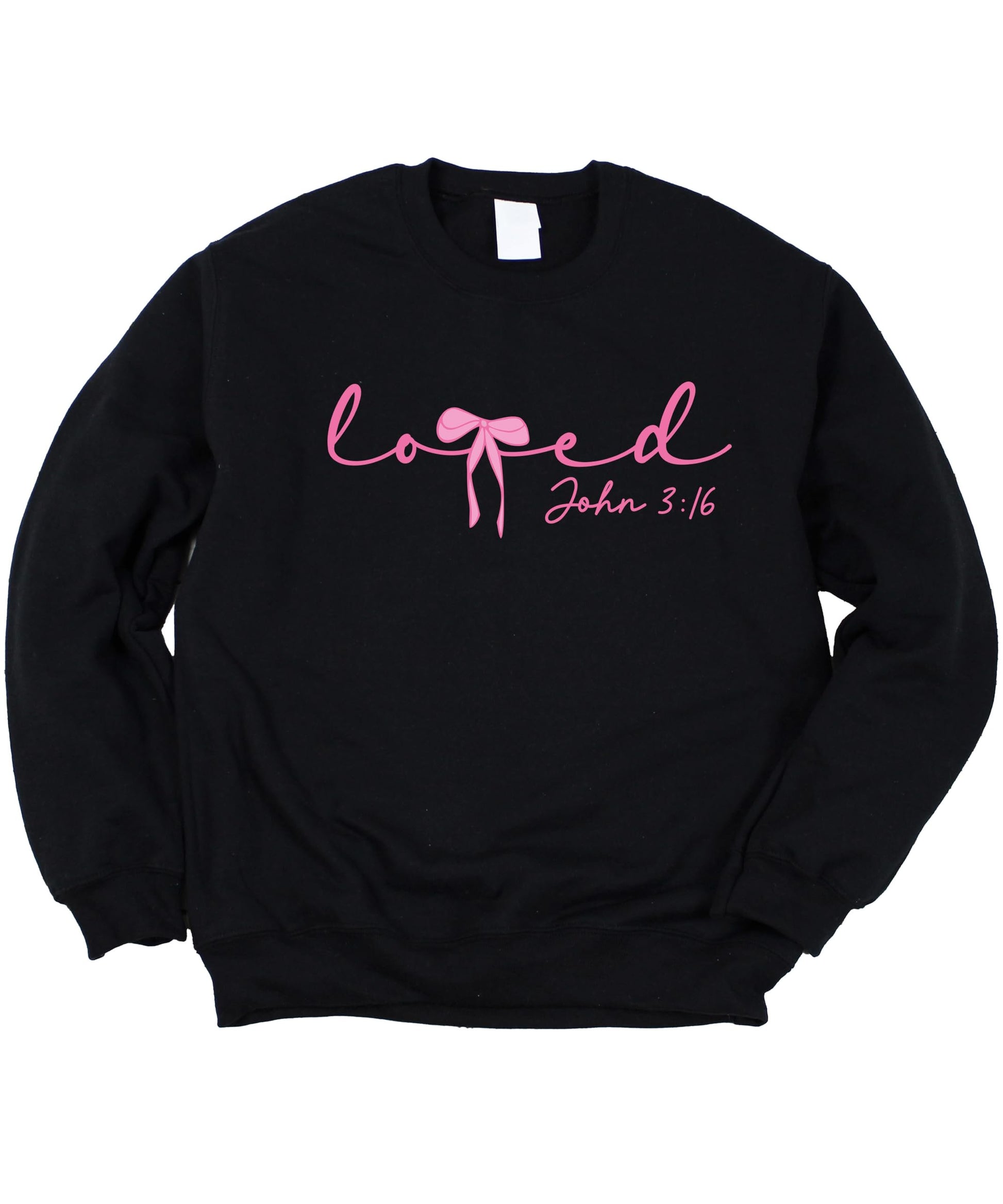 Flat lay of white Loved John 3:16 Valentine's sweatshirt showing full graphic design