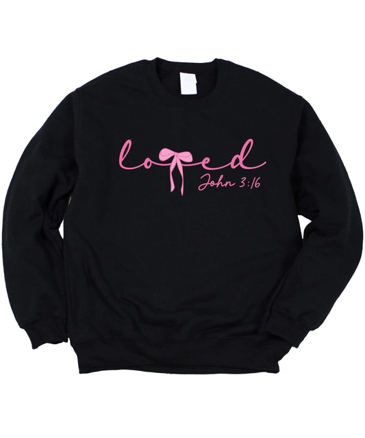 Loved John 3:16 Pink Bow Valentines Sweatshirt for Women Youth and Toddler Girls