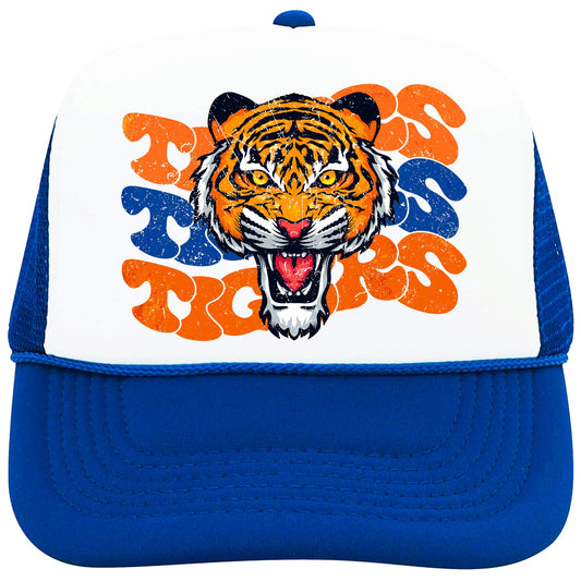 Retro Tiger Mascot Wavy Trucker Hat for Women and Teens Classic 5 Panel Mesh Snapback