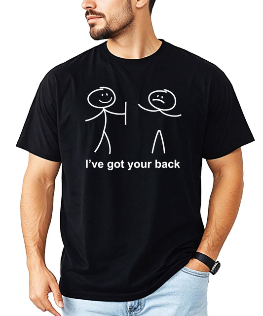 Close-up of I've Got Your Back stick figure graphic print on black adult t-shirt