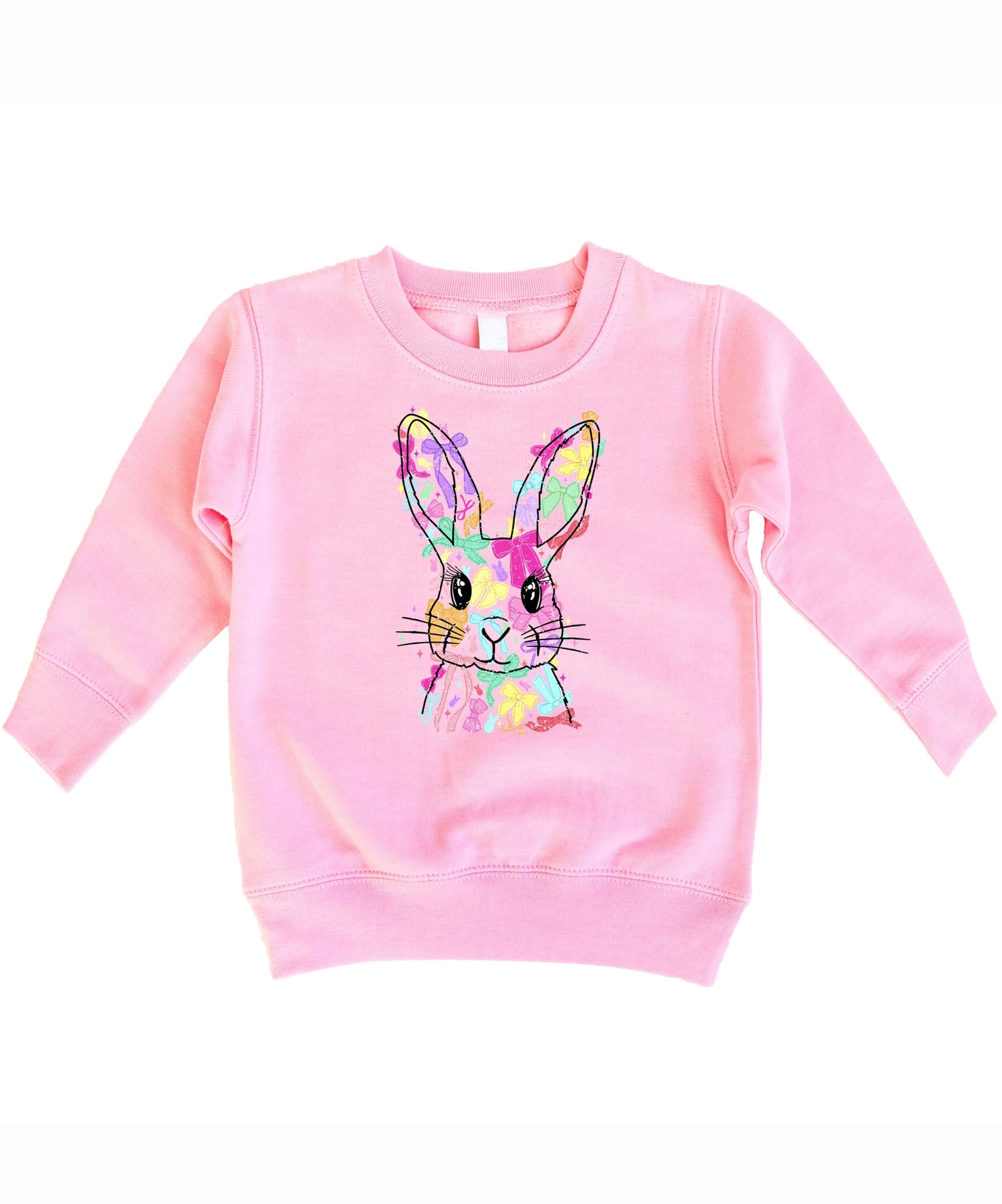 Girls white pullover sweatshirt with colorful Easter Bunny and coquette bow graphic design