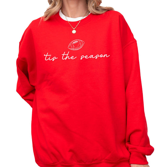 Front view of cozy cotton-blend football sweatshirt for women and teens in game day style