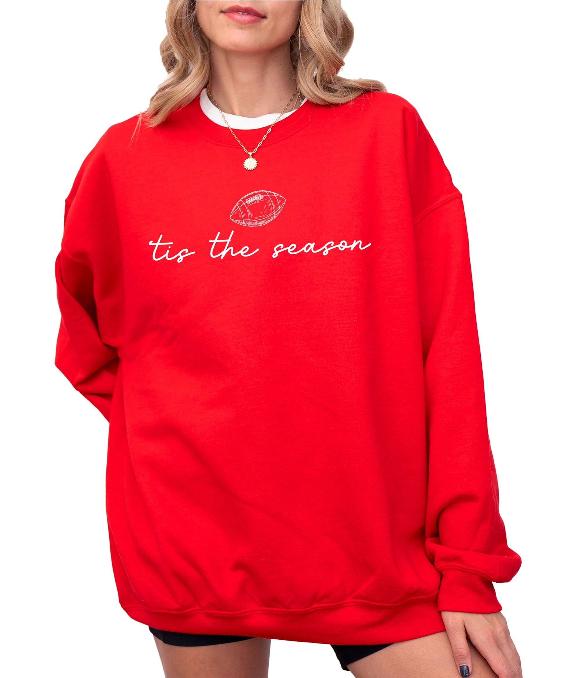 Front view of cozy cotton-blend football sweatshirt for women and teens in game day style