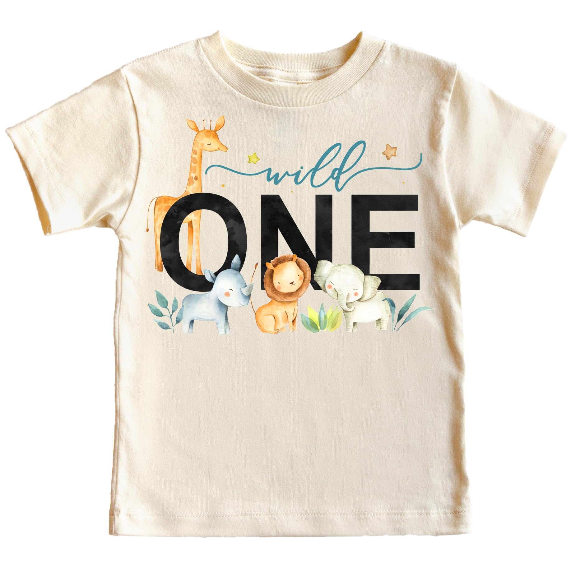 Wild One safari birthday shirt in military green with animal print design for baby boys
