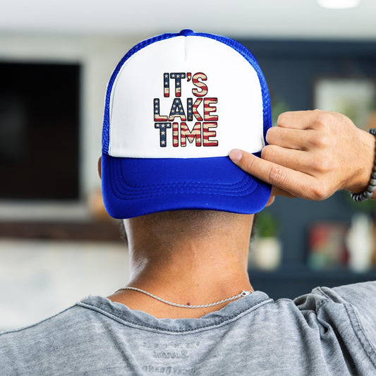 It's Lake Time American Flag Graphic Classic 5 Panel Mesh Foam Front Snapback Trucker Hat