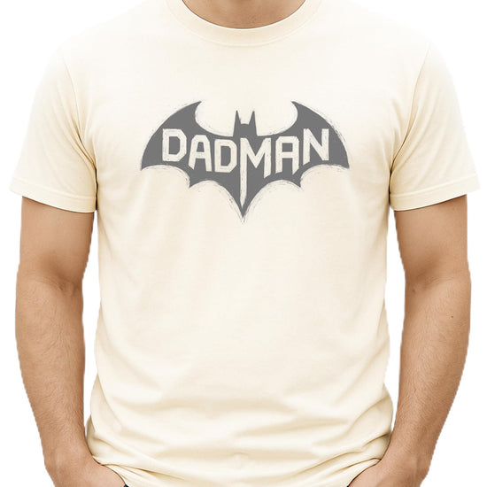 DadMan shirt laid flat showing full chest bat graphic design on dark gray heather t-shirt