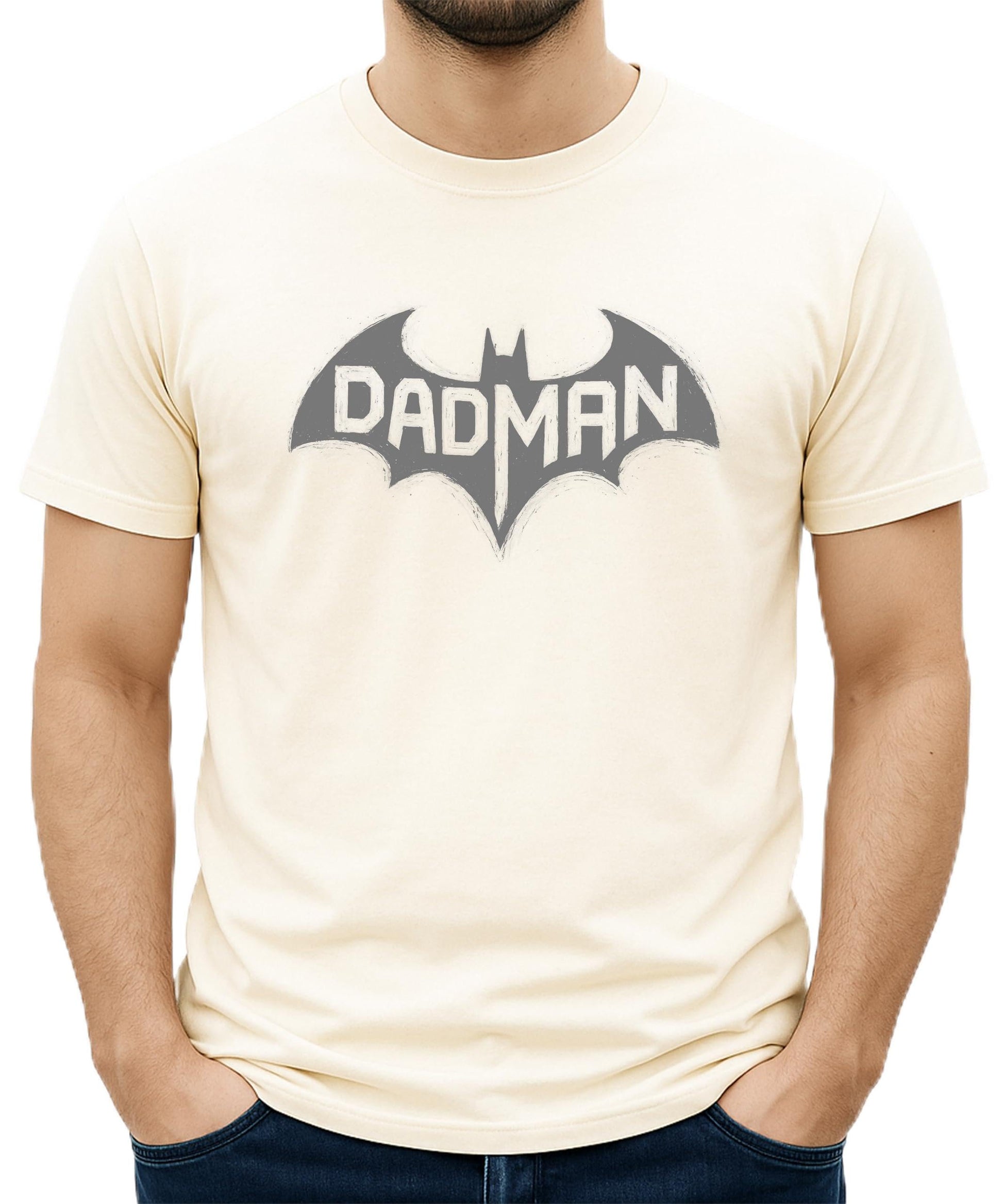 DadMan shirt laid flat showing full chest bat graphic design on dark gray heather t-shirt