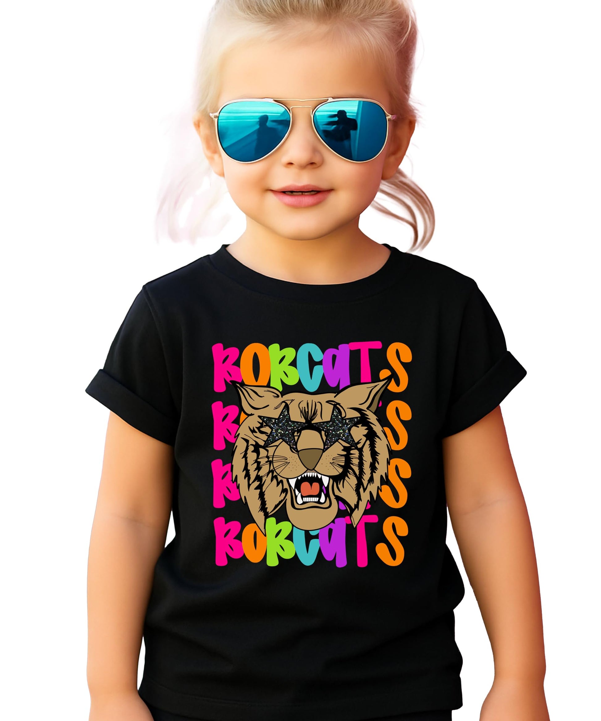 Colorful Bobcats wavy school spirit graphic tee with retro mascot wearing star sunglasses, natural shirt