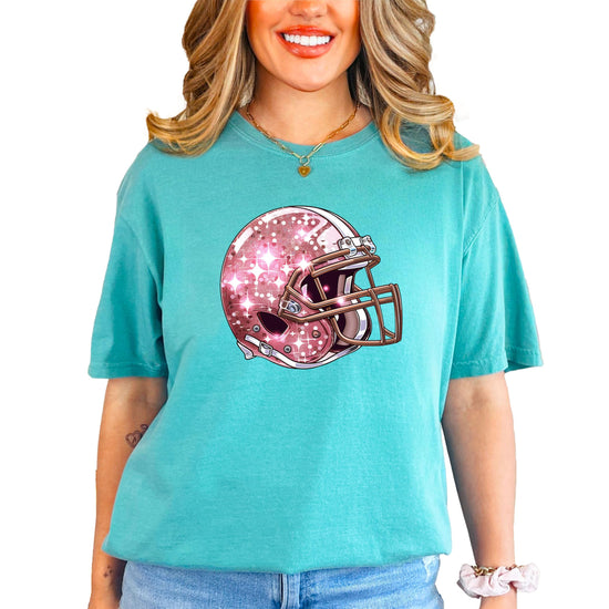 Back view of seafoam oversized women's football graphic tee