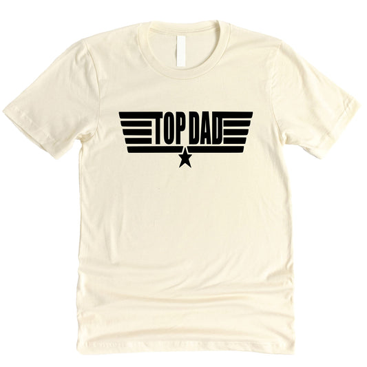 Close-up of Top Dad Fun Dad text print on vintage red t-shirt