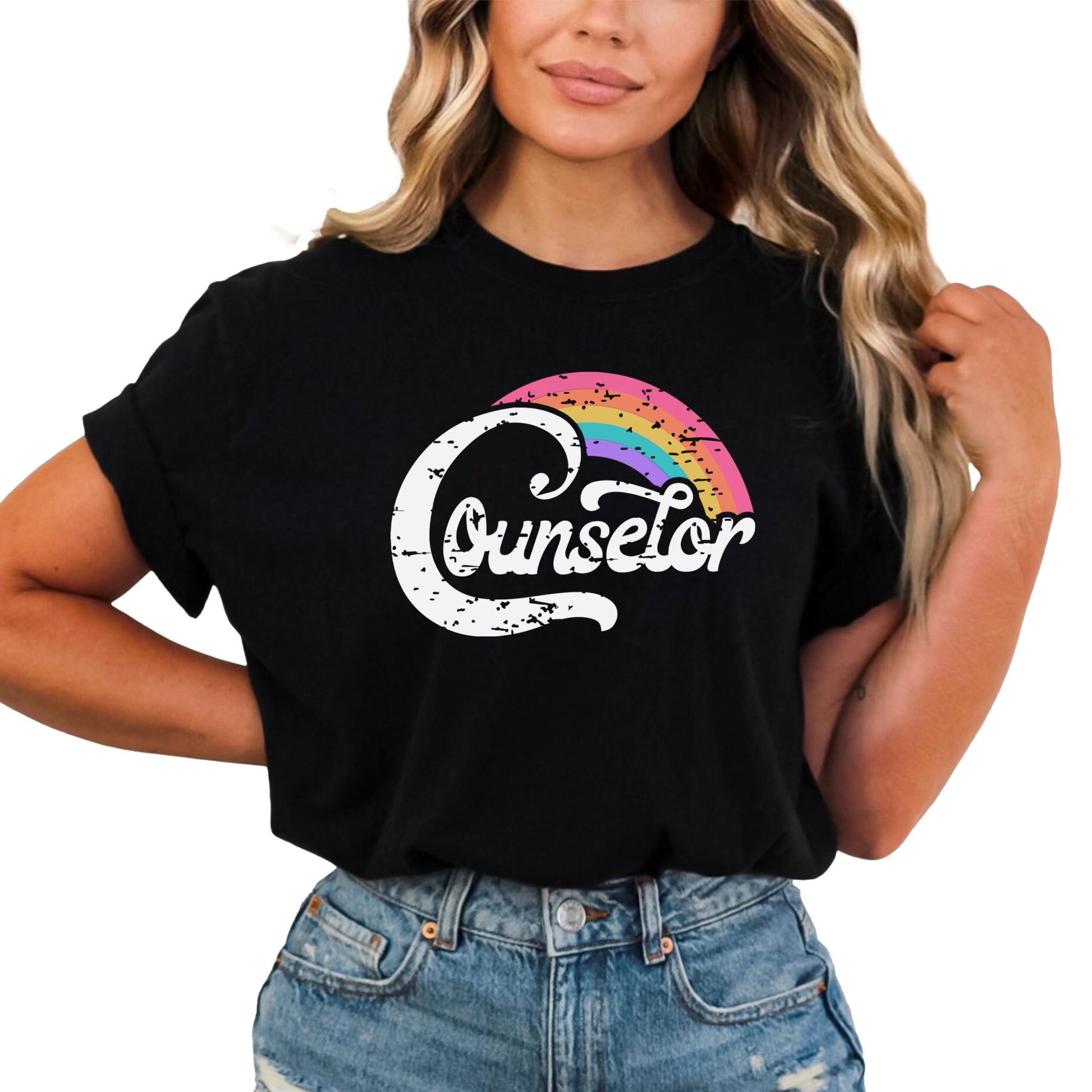Back or detail view of rainbow counselor graphic tee for school educators
