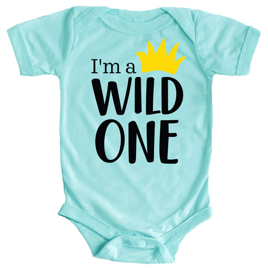 Front view of Wild One boys first birthday outfit with bold yellow crown print