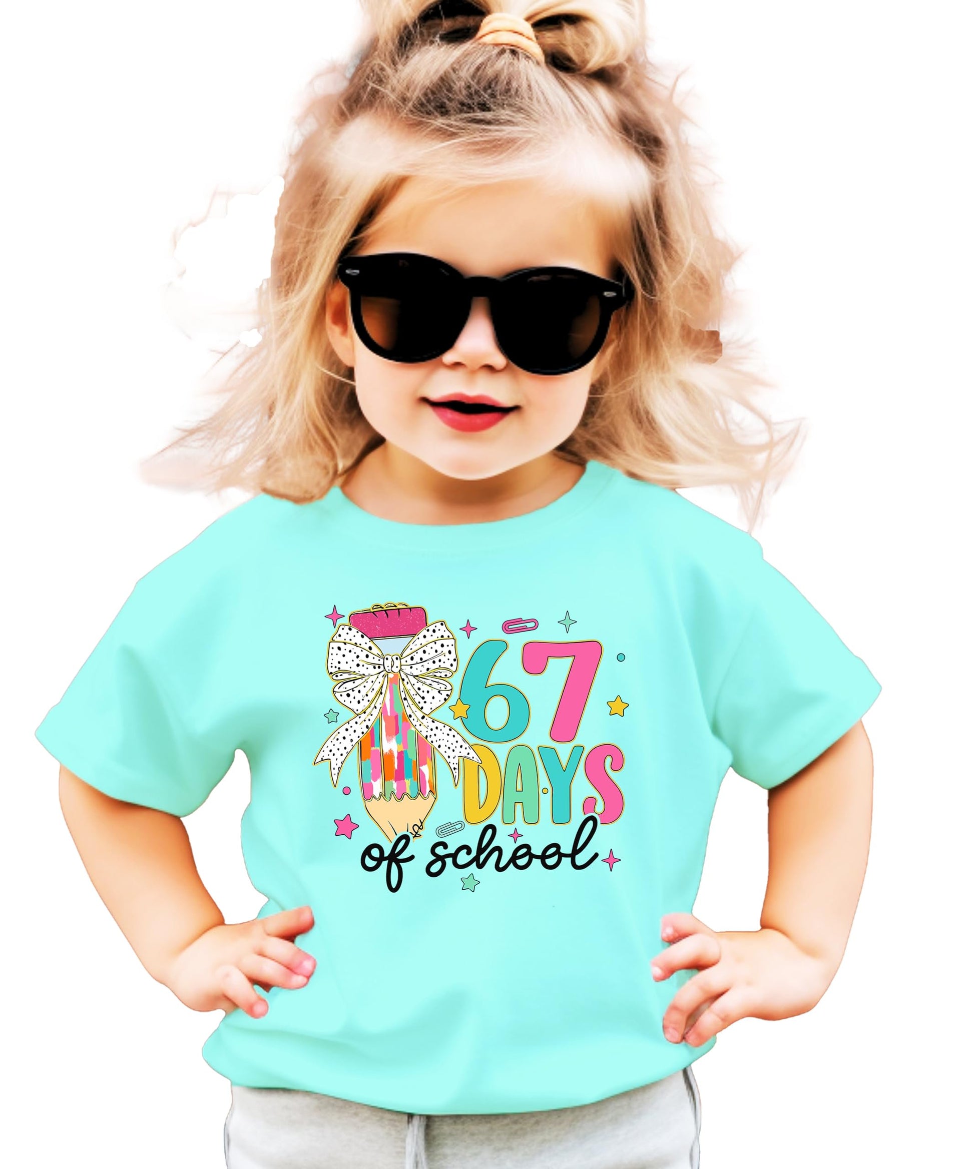 Kids' 67 Days of School graphic tee featuring a cute pencil with a pink coquette bow and the 6-7 meme design