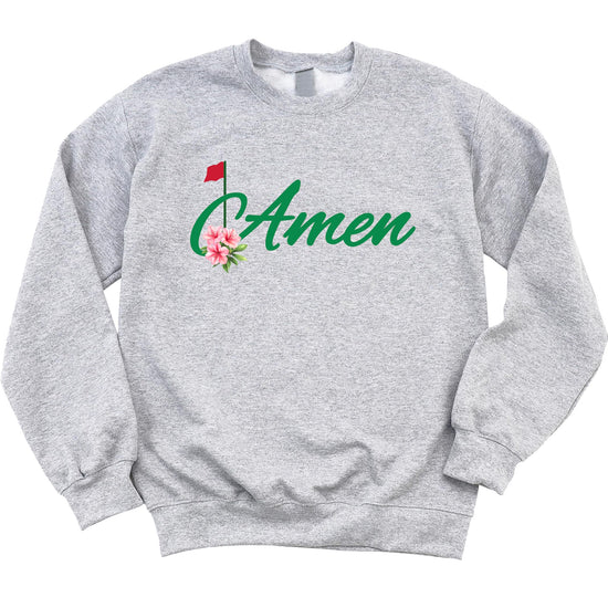 Amen Golf gray crewneck sweatshirt laid flat showing full graphic print detail