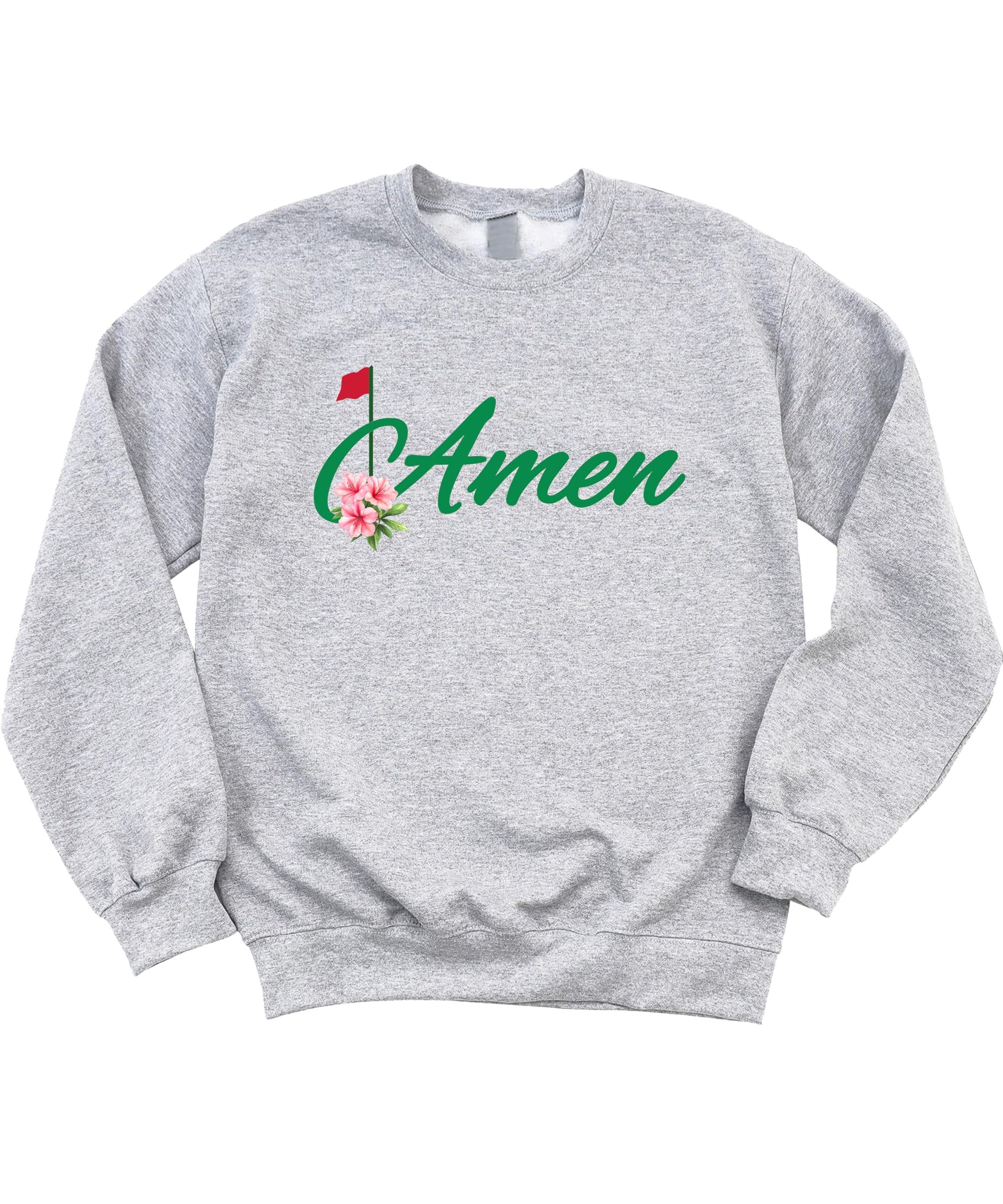 Amen Golf gray crewneck sweatshirt laid flat showing full graphic print detail