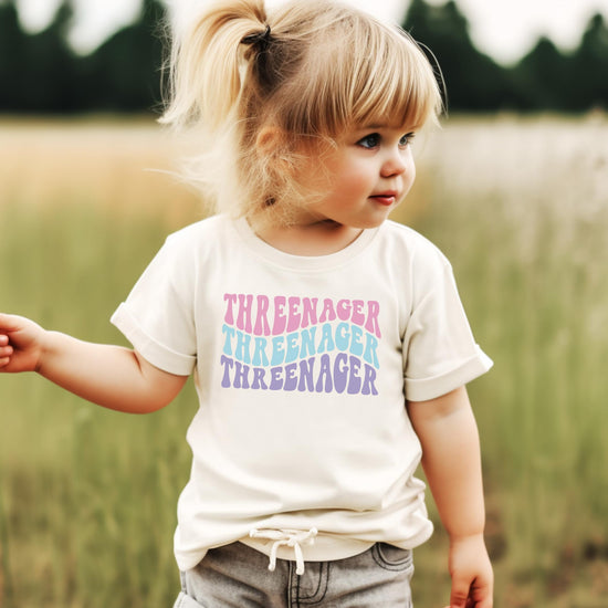 Side view of Threenager 3rd birthday shirt for toddler girls showing fit and style