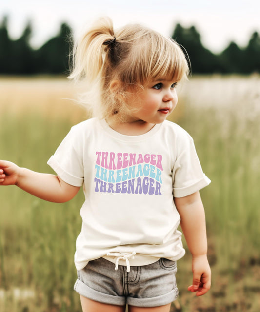 Side view of Threenager 3rd birthday shirt for toddler girls showing fit and style
