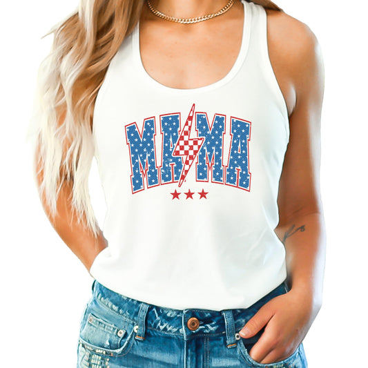 American Mama Lightning Bolt Tank Top for Women Red White and Blue Patriotic Short Sleeve Mom Shirt