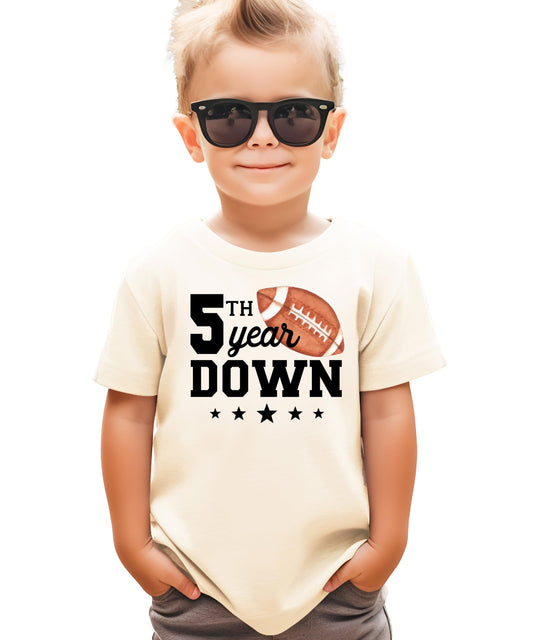 5th Year Down Football Shirt for 5 Year Old Sports Theme Fifth Birthday Party Tee