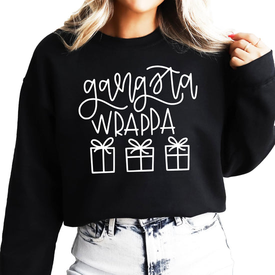 Close-up of Gangsta Wrappa holiday graphic on black adult sweatshirt