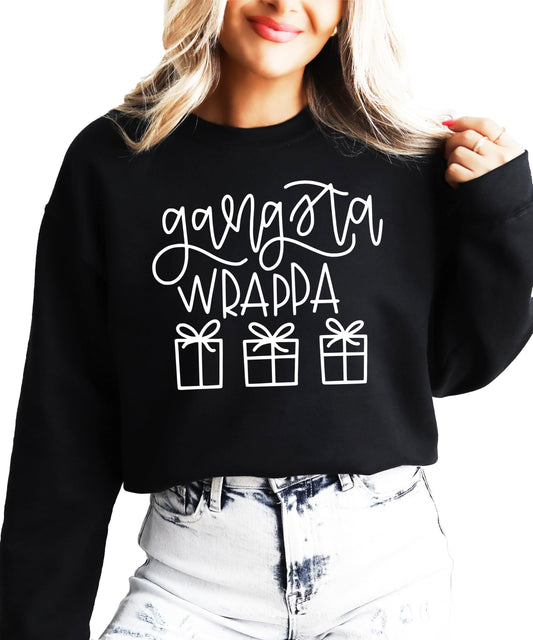 Close-up of Gangsta Wrappa holiday graphic on black adult sweatshirt