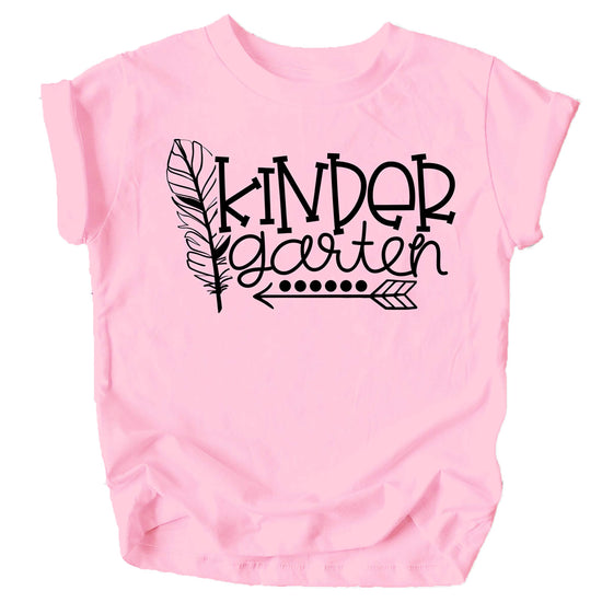 Toddler girl wearing a pink Kindergarten Squad boho graphic tee for first day of school