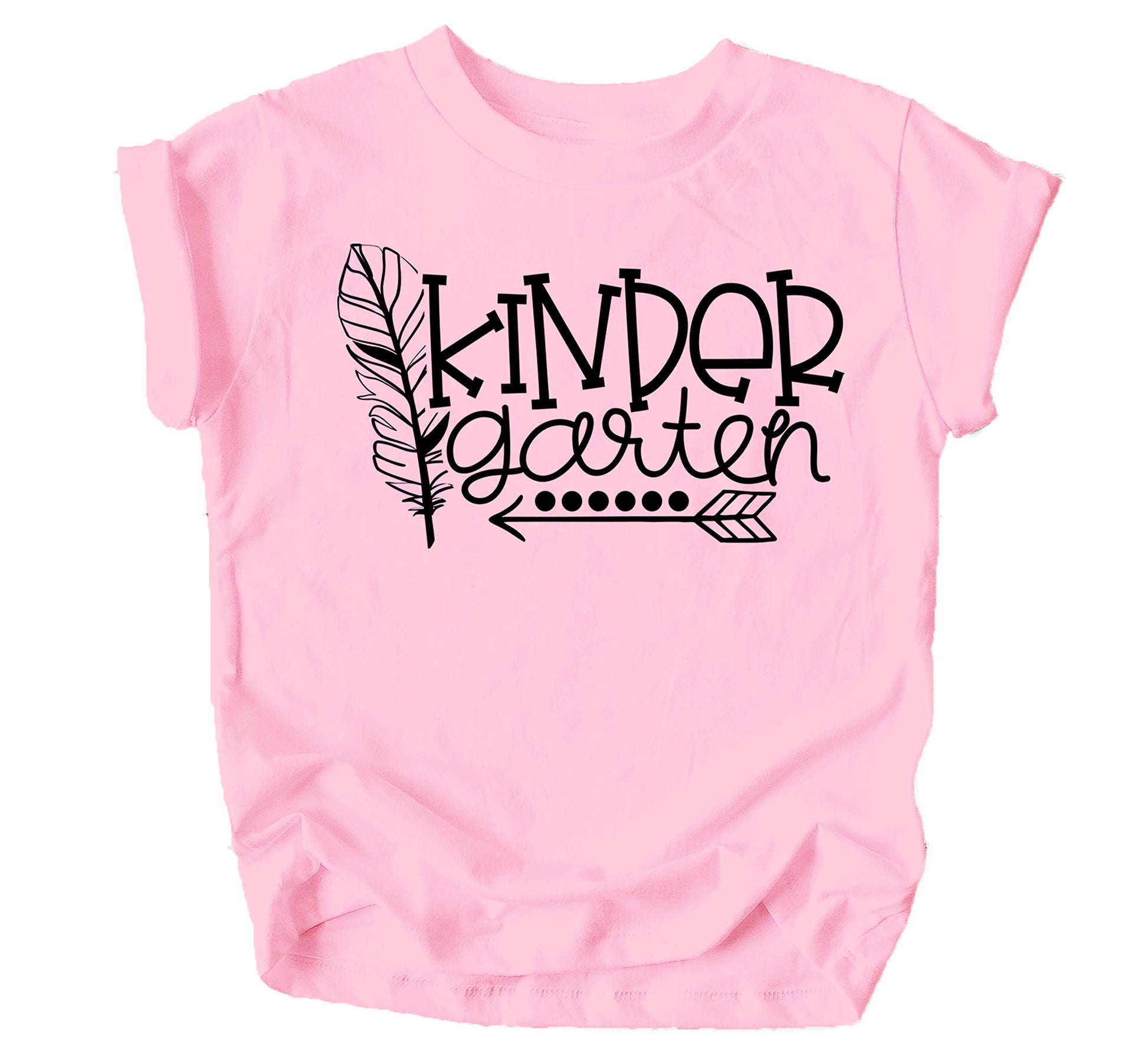 Toddler girl wearing a pink Kindergarten Squad boho graphic tee for first day of school