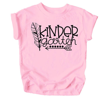 Toddler girl wearing a pink Kindergarten Squad boho graphic tee for first day of school