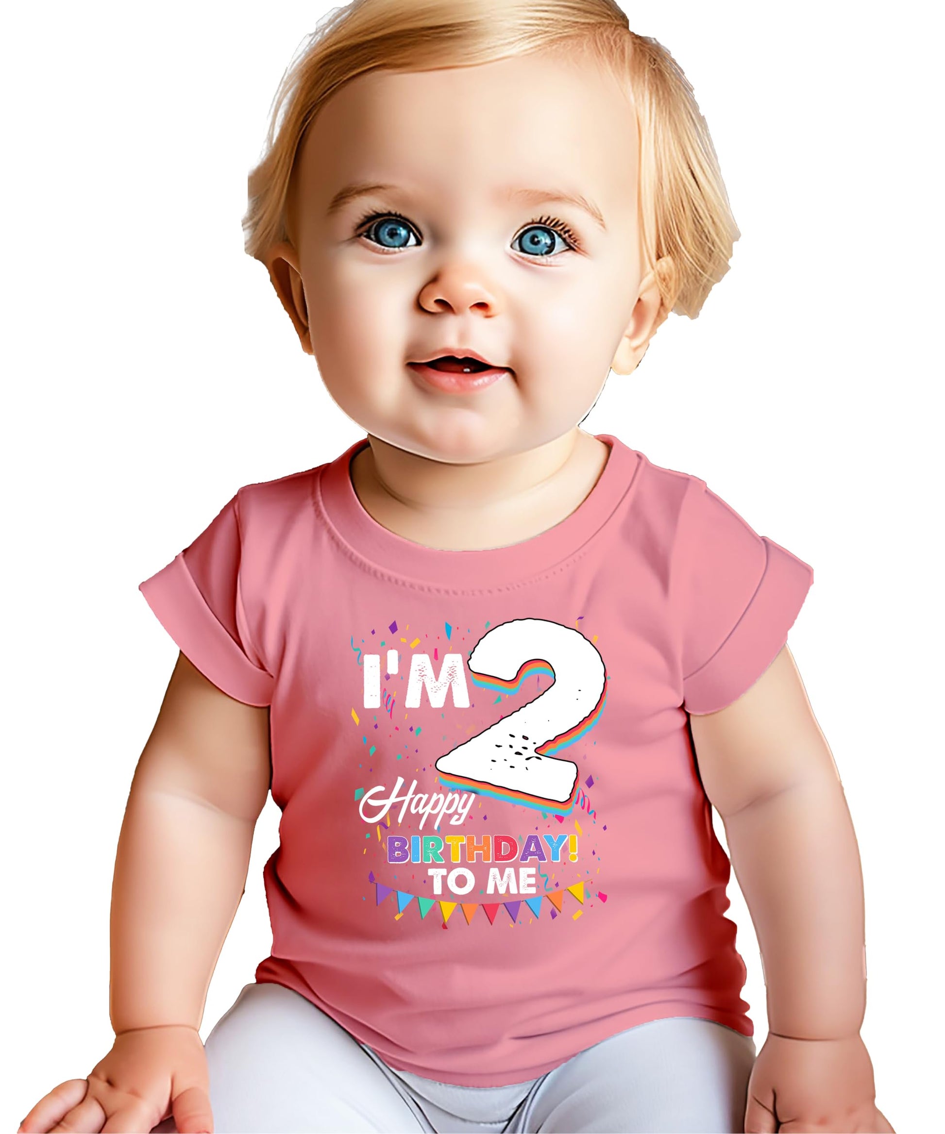 Toddler wearing an 'I'm 2 Happy Birthday to Me' graphic tee with colorful confetti and bold lettering