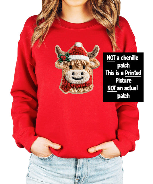Ink Printed Image NOT a Chenille Patch Cow Sweatshirt for Women, Teens & Kids Faux Yarn Christmas Sweater