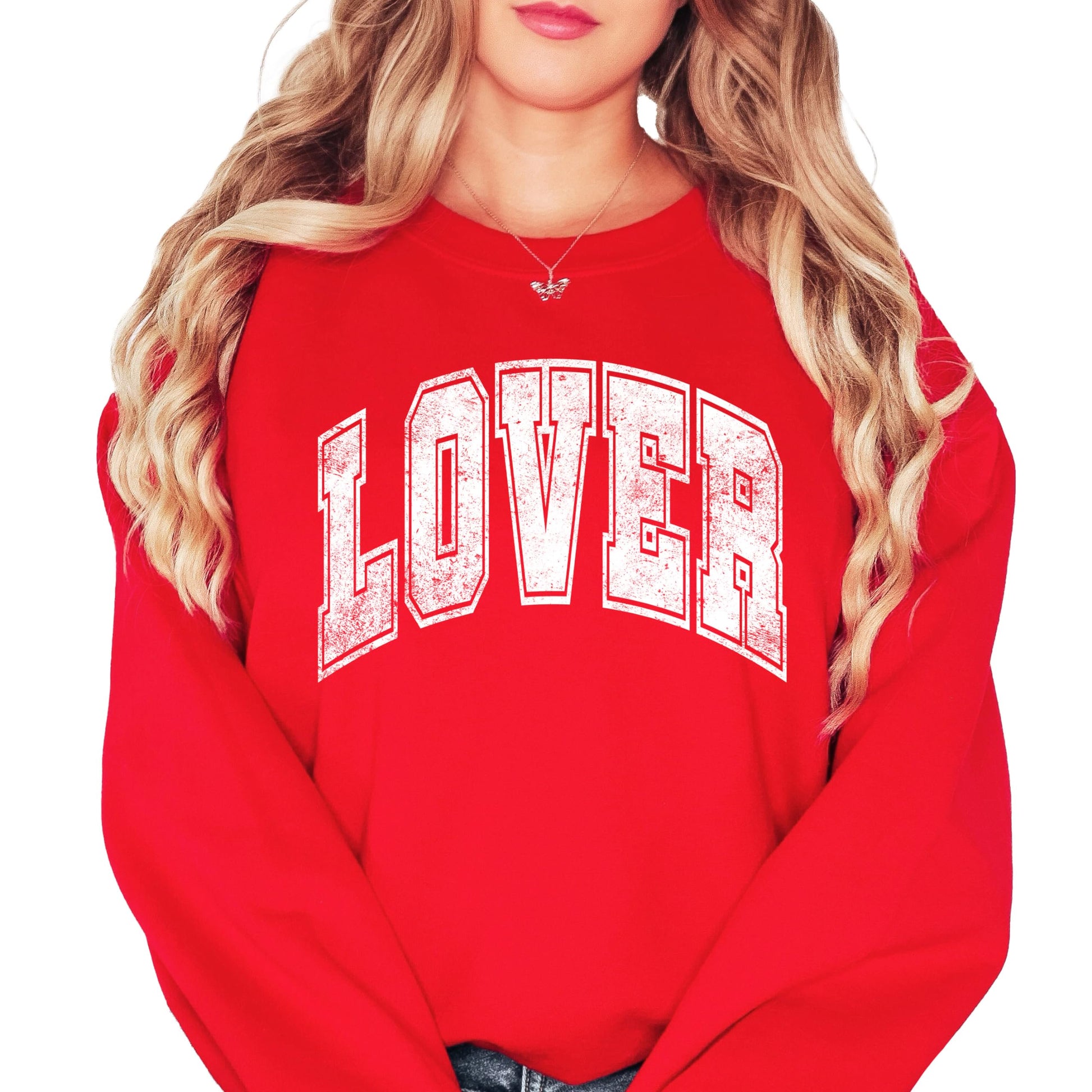 Front view of Lover varsity graphic sweatshirt in red on white for Valentine's Day